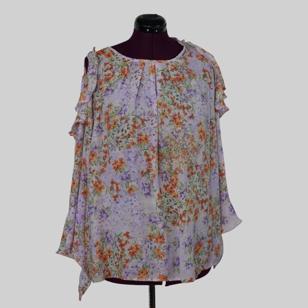 Cocomo Womens Tunic 2X Cottagecore Floral Ruffles Cold Shoulder Blouse